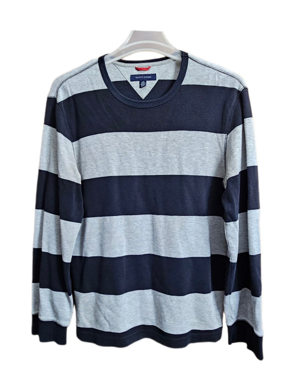 Tommy Hilfiger vintage men's black gray crew neck striped knit sweater Large